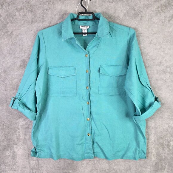 Womens Bridgewater Studios Teal 100% Linen Shirt Button Up Roll Tab Sleeves 20W - Picture 2 of 8